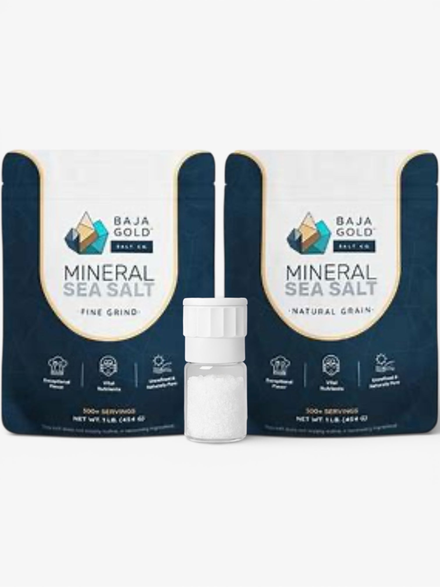 Baja Gold Mineral Sea Salt packaging with a small white container on a white background