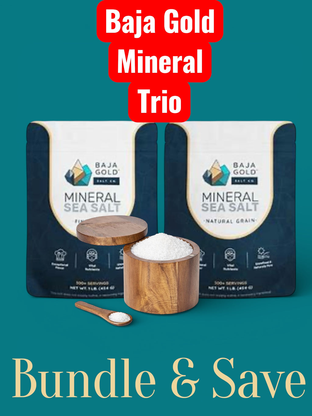 Baja Gold Mineral Sea Salt packaging with wooden containers and spoon on a teal background
