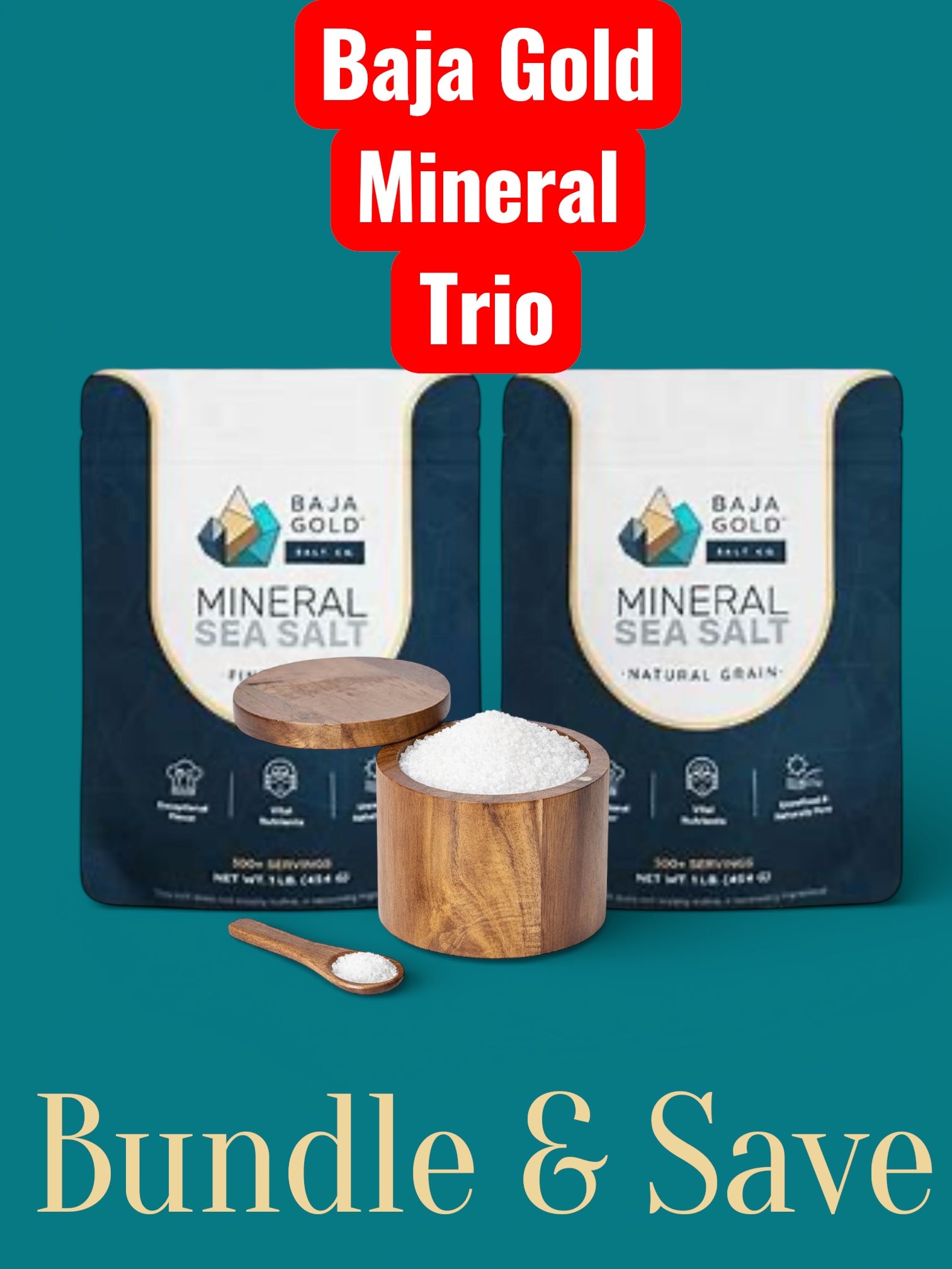 Baja Gold Mineral Sea Salt packaging with wooden containers and spoon on a teal background