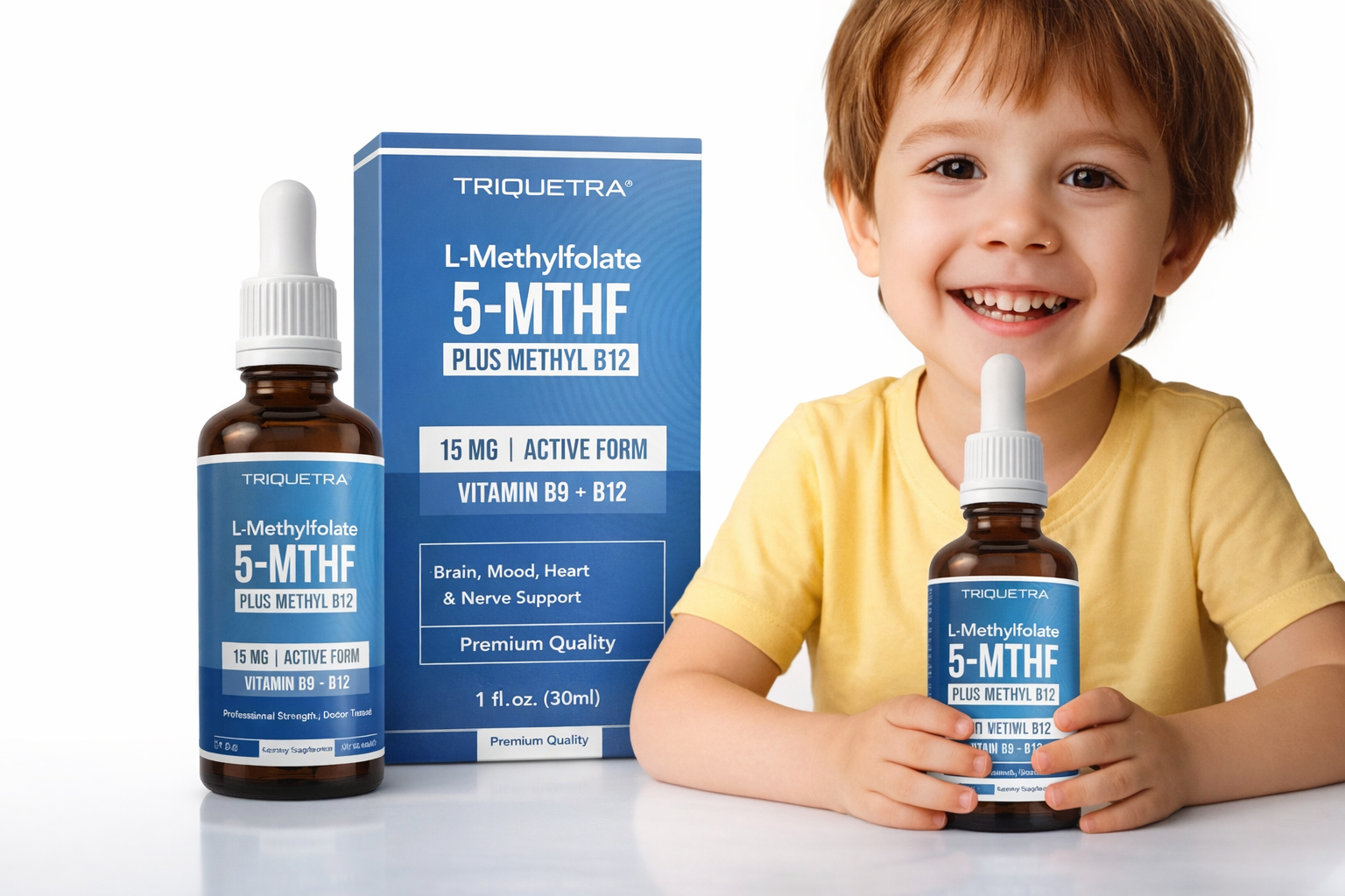 Child holding a bottle of Triquetra L-Methylfolate 5-MTHF supplement with packaging in the background.