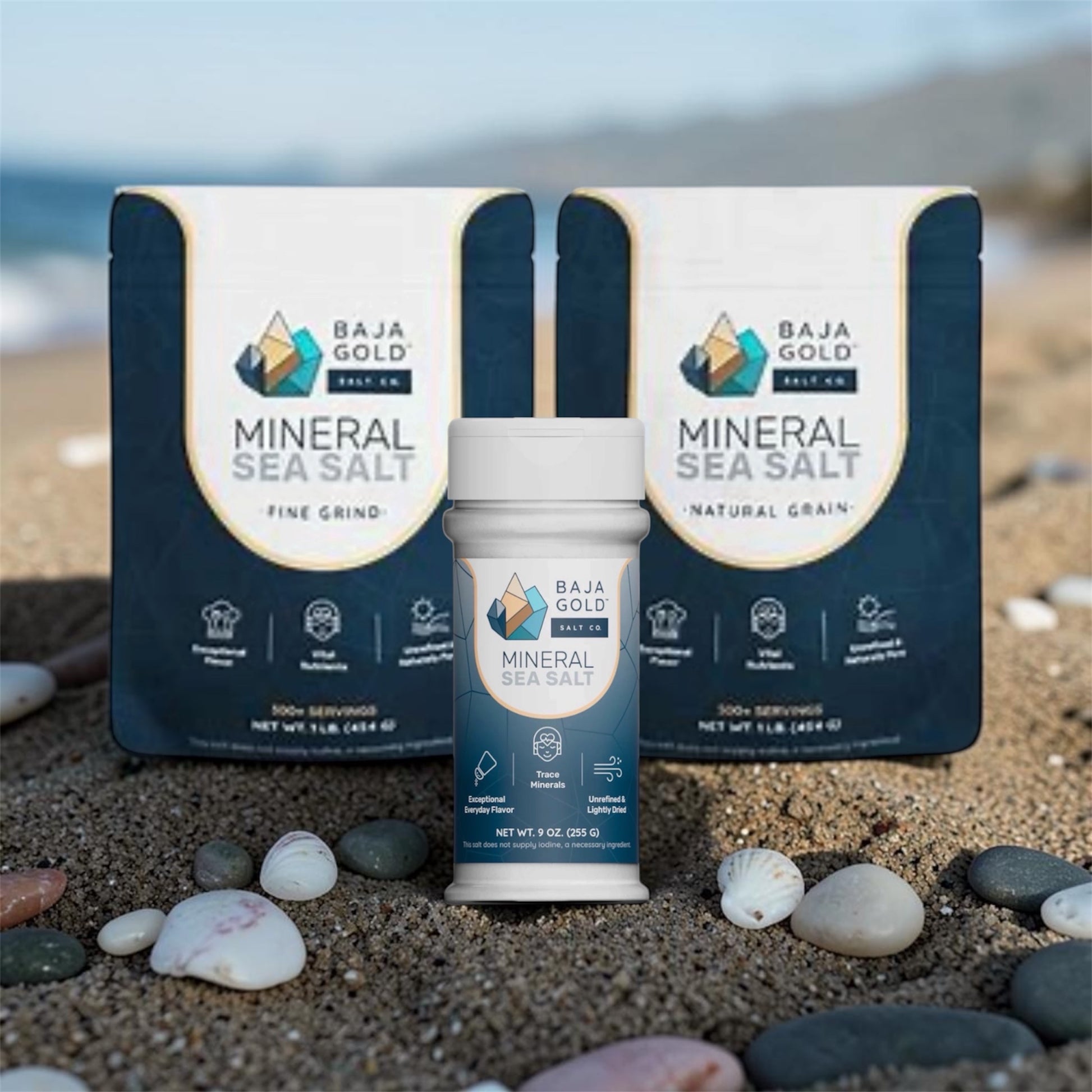 BAJA MINERAL SEA SALT WITH BAJA MINERAL SEA SALT SHAKER ON BEACH