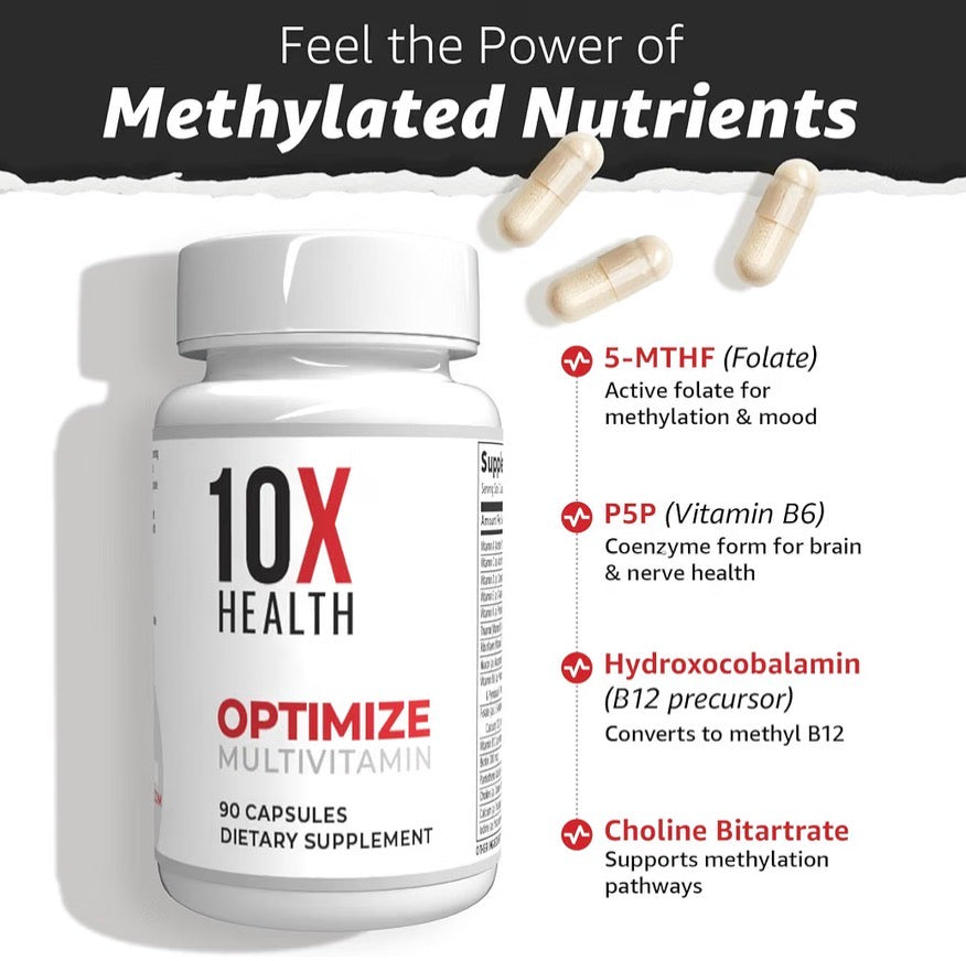 10X Health Optimize Methylated Multivitamin | 5-MTHF Folate + B Vitamins | 90 Capsules