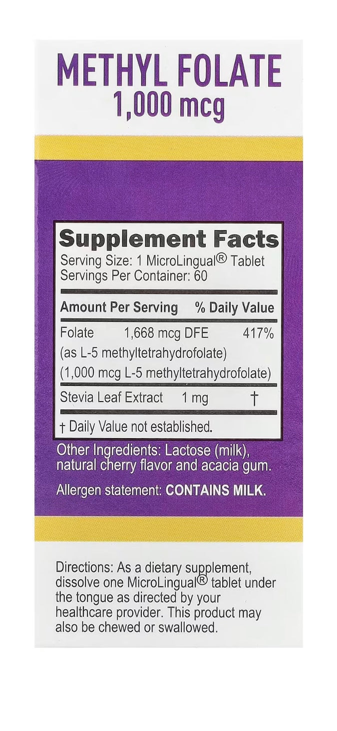 Supplement label for Methyl Folate 1,000 mcg on a white background