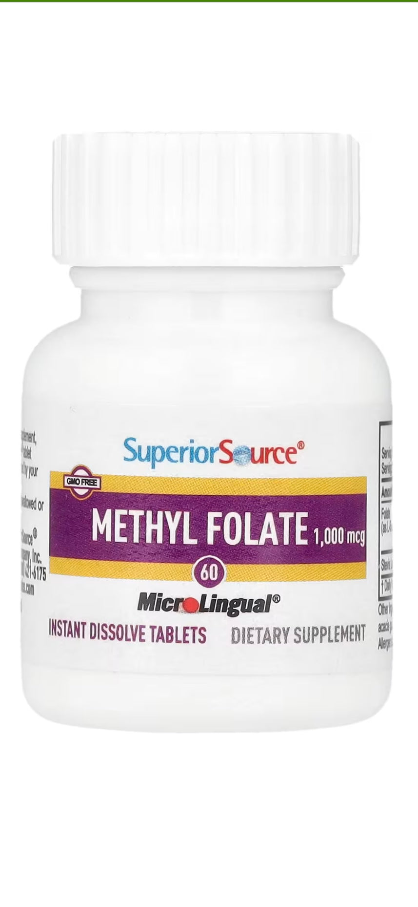 Supplement bottle labeled 'Methyl Folate' by Superior Source on a white background