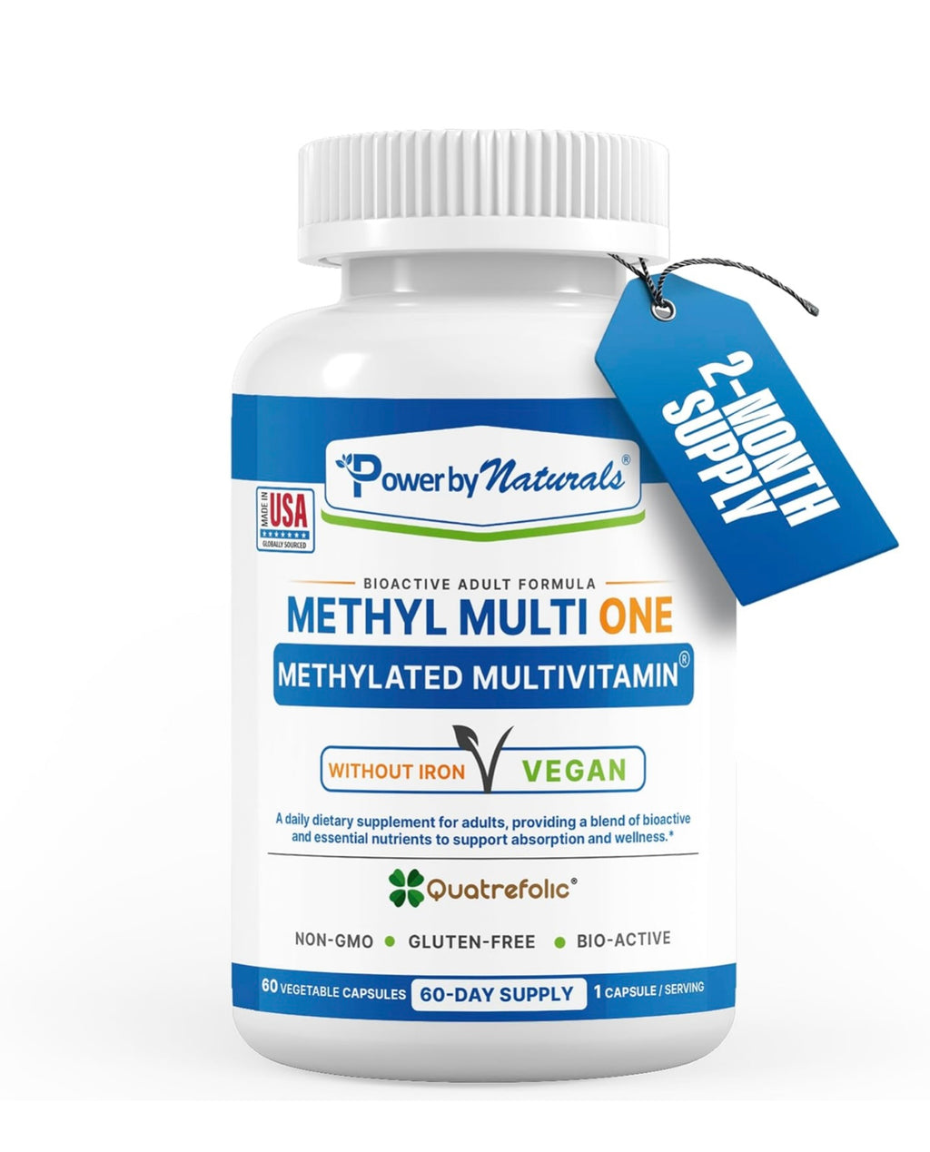 Bottle of Power by Naturals Methyl Multi One multivitamin with a blue tag indicating a 2-month supply on a white background.