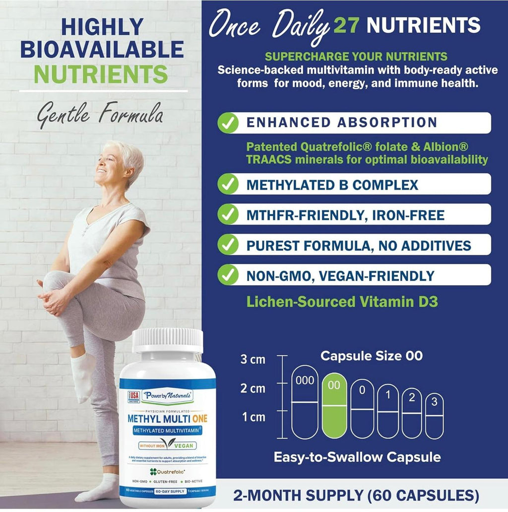 Multivitamin supplement with a woman standing in the background, highlighting its benefits and features.