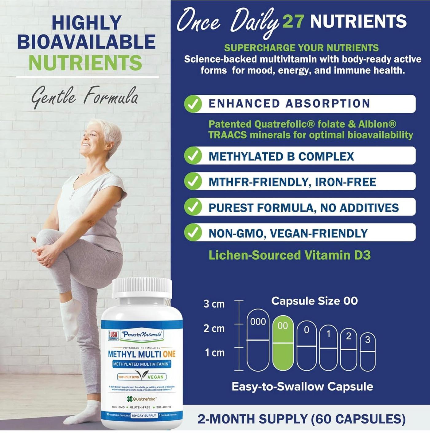Multivitamin supplement with a woman standing in the background, highlighting its benefits and features.