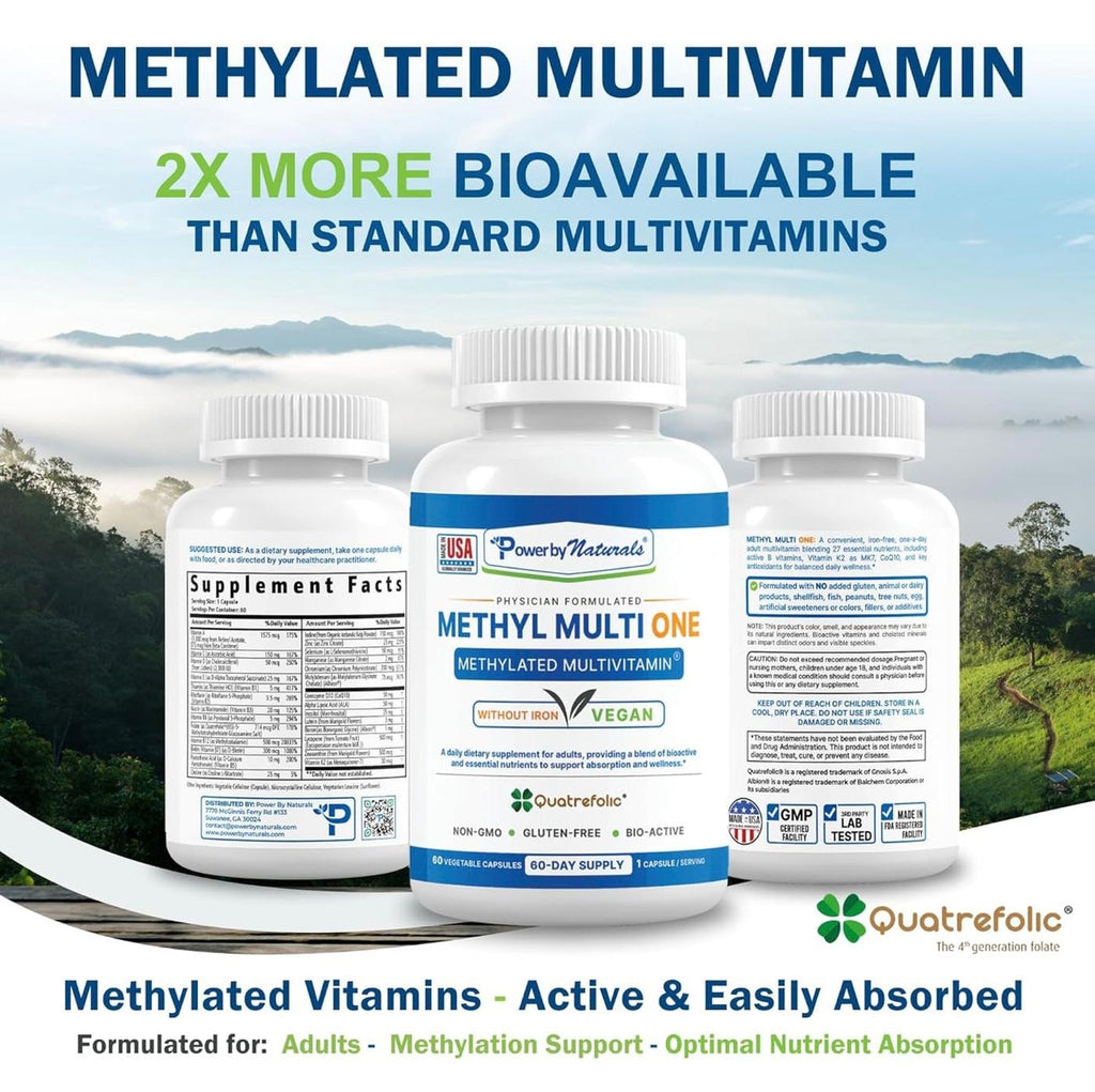 Three bottles of Power Naturals Methyl Multi One supplement with a scenic background