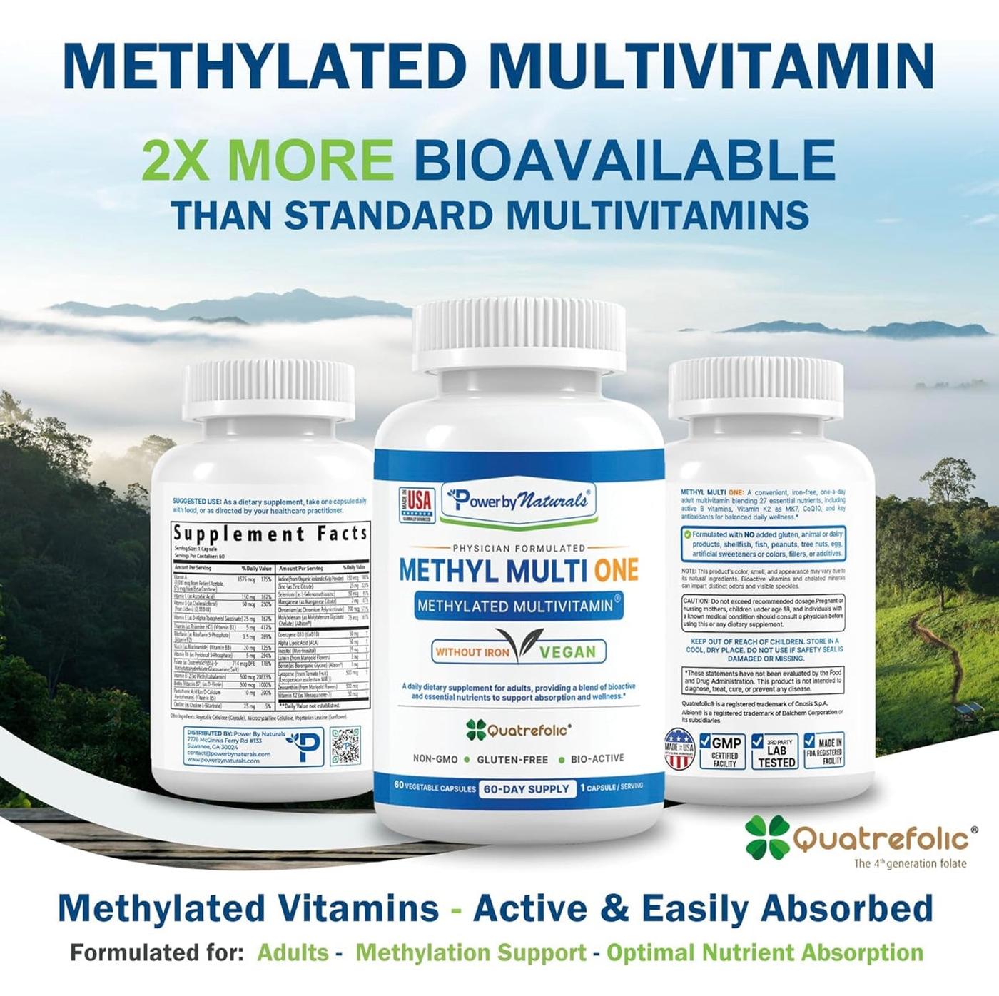 Three bottles of Power Naturals Methyl Multi One supplement with a scenic background