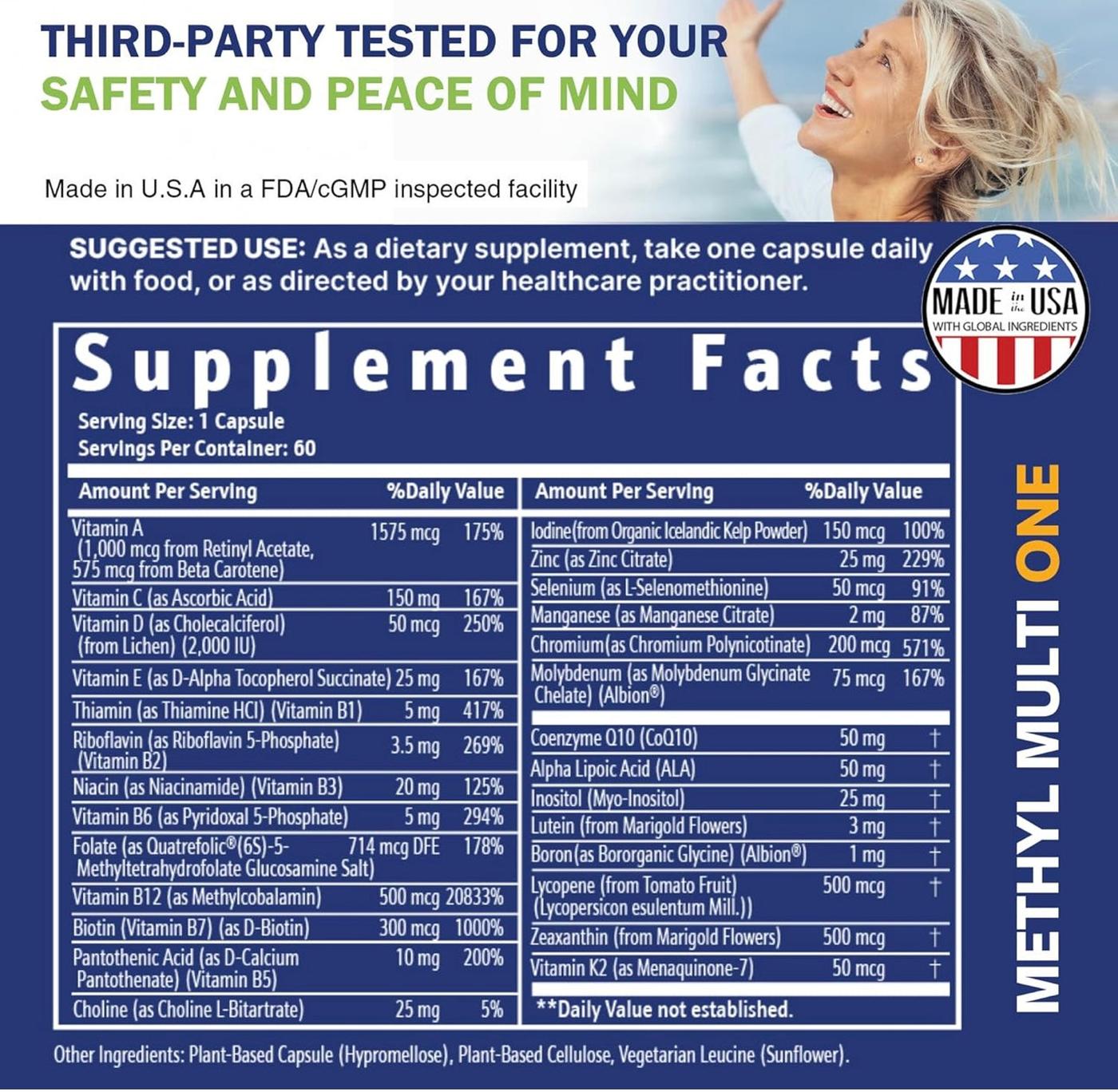 Supplement label with Methyl Multi One branding and supplement facts.