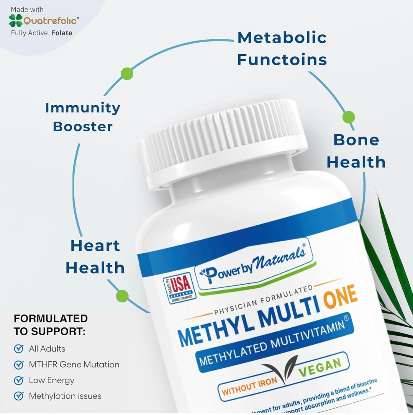 Bottle of Methyl Multi One multivitamin with health benefits listed on a white background