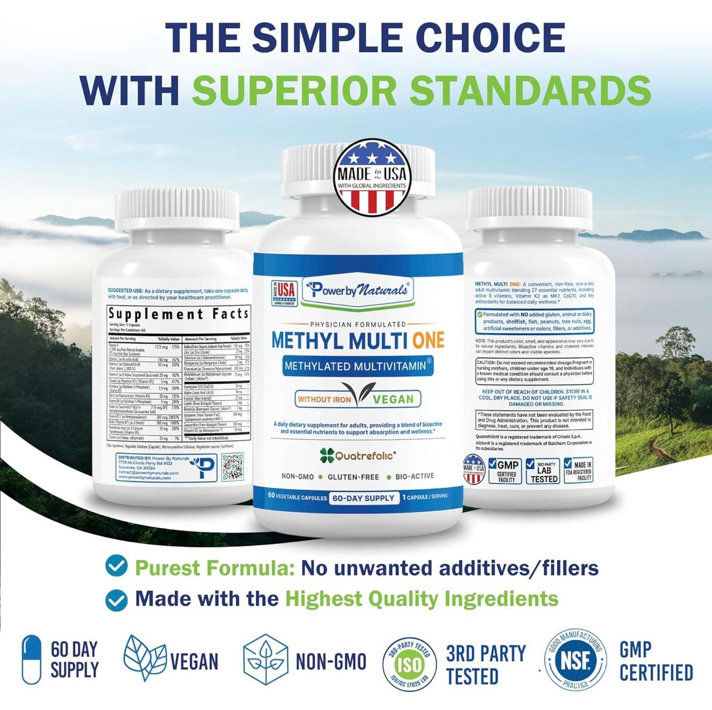 Three bottles of Methyl Multi One multivitamin with a scenic background