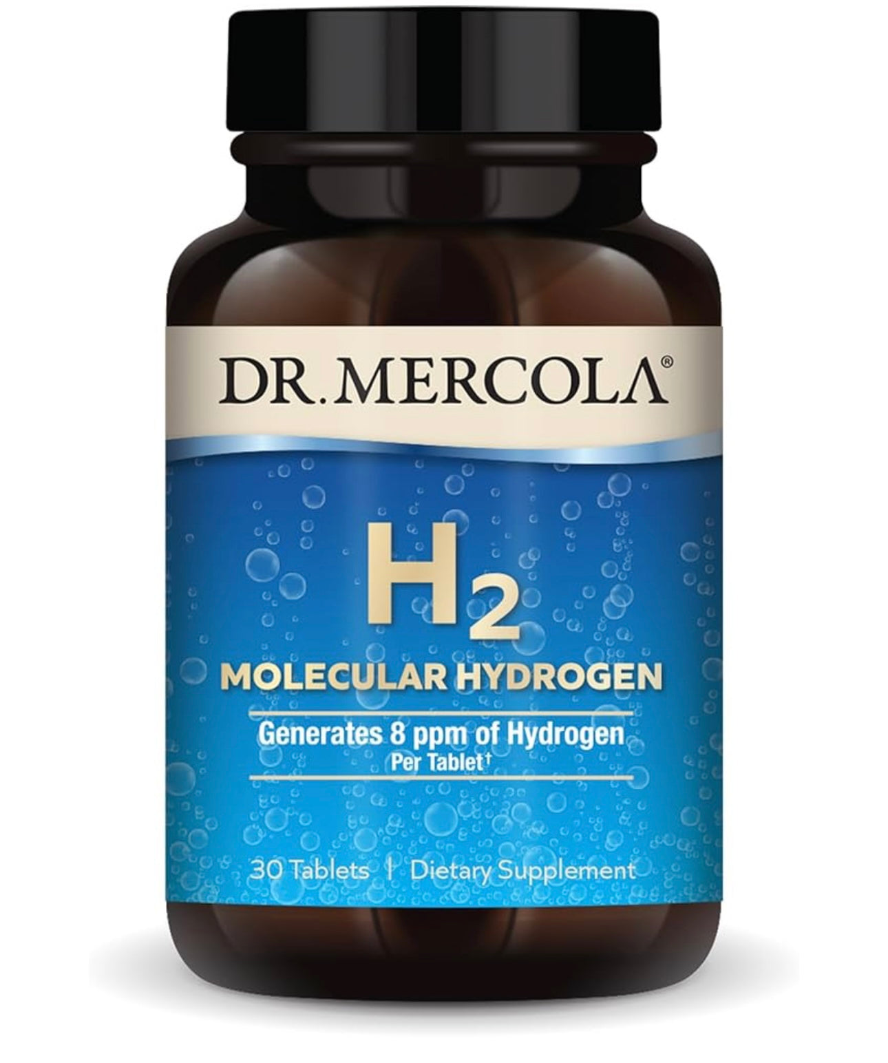 Dr. Mercola H2 Molecular Hydrogen supplement bottle on a white background