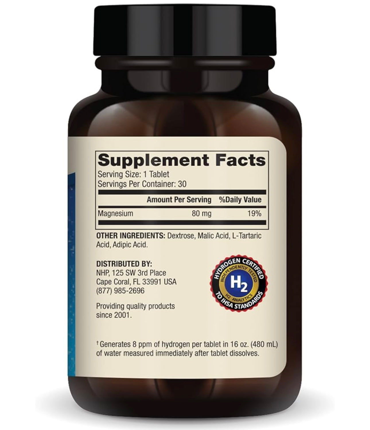 Supplement bottle with label showing 'Supplement Facts' and a hydrogen logo.