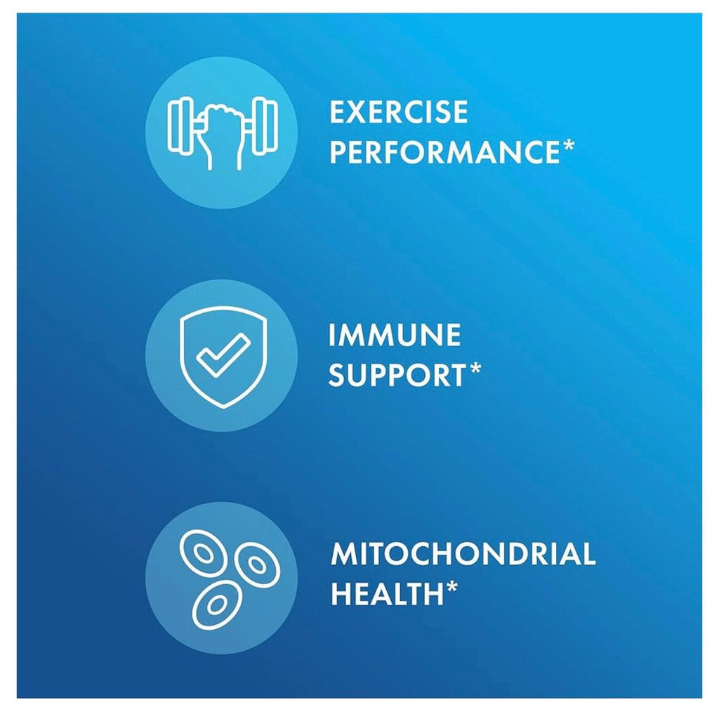 Blue background with icons and text highlighting exercise performance, immune support, and mitochondrial health.