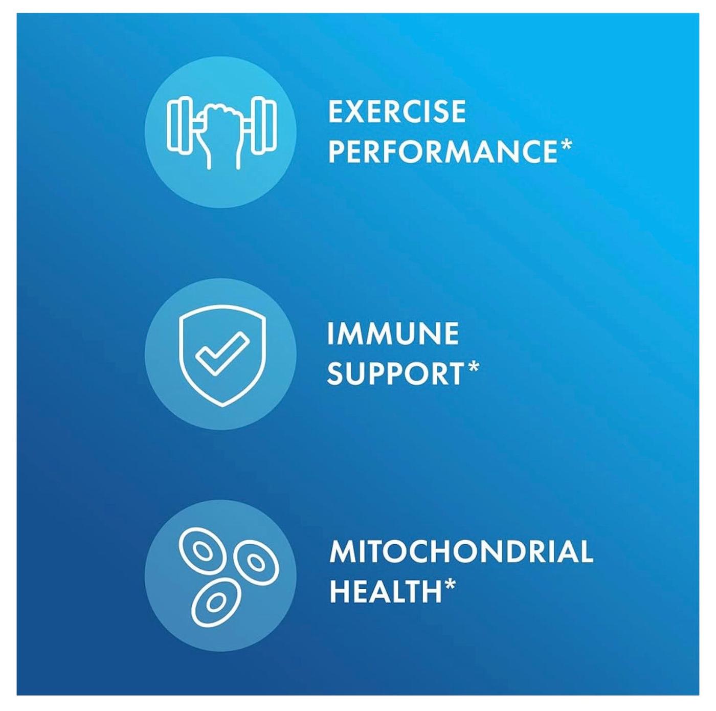 Blue background with icons and text highlighting exercise performance, immune support, and mitochondrial health.