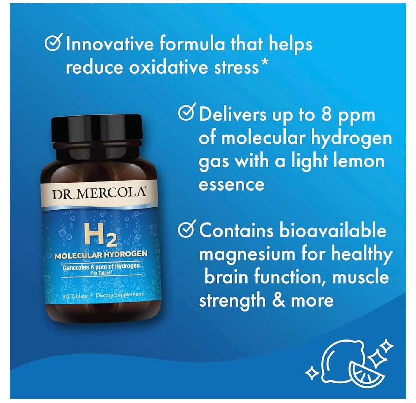 Dr. Mercola H2 Molecular Hydrogen supplement bottle with text on a blue background