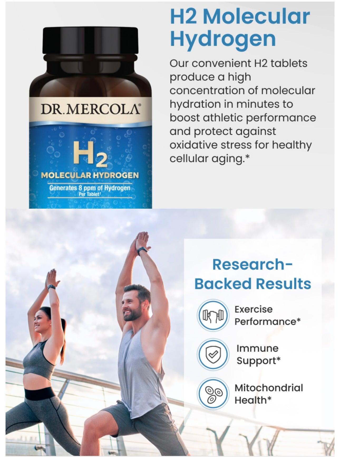 Dr. Mercola H2 Molecular Hydrogen supplement bottle with people exercising outdoors on a clear day.