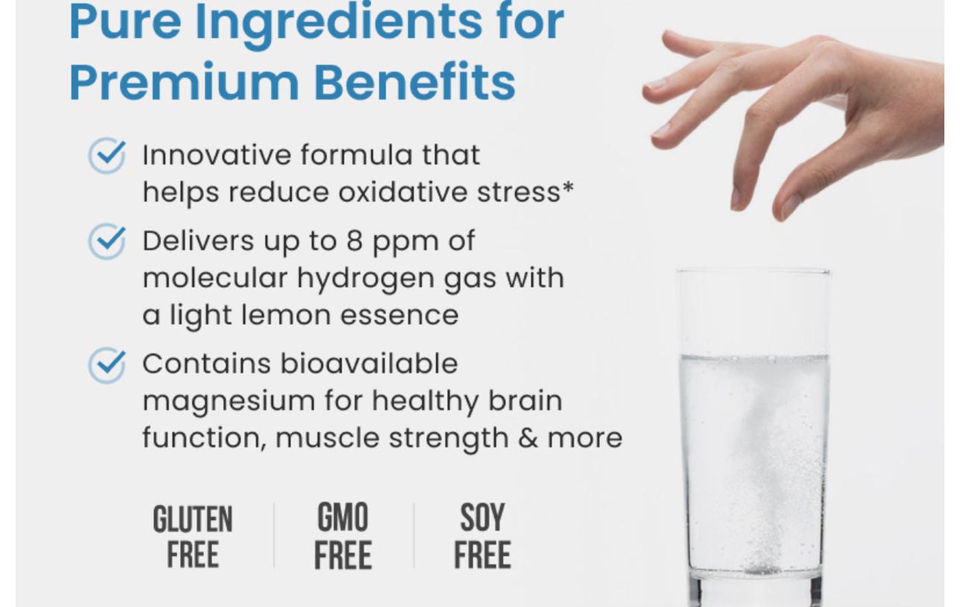 Glass of water with a hand reaching for it, surrounded by text about product benefits and features.