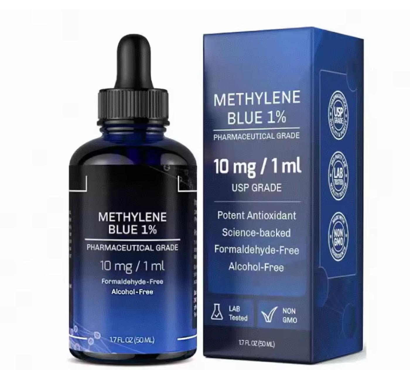 Bottle and box of Methylene Blue 1% pharmaceutical grade on a white background