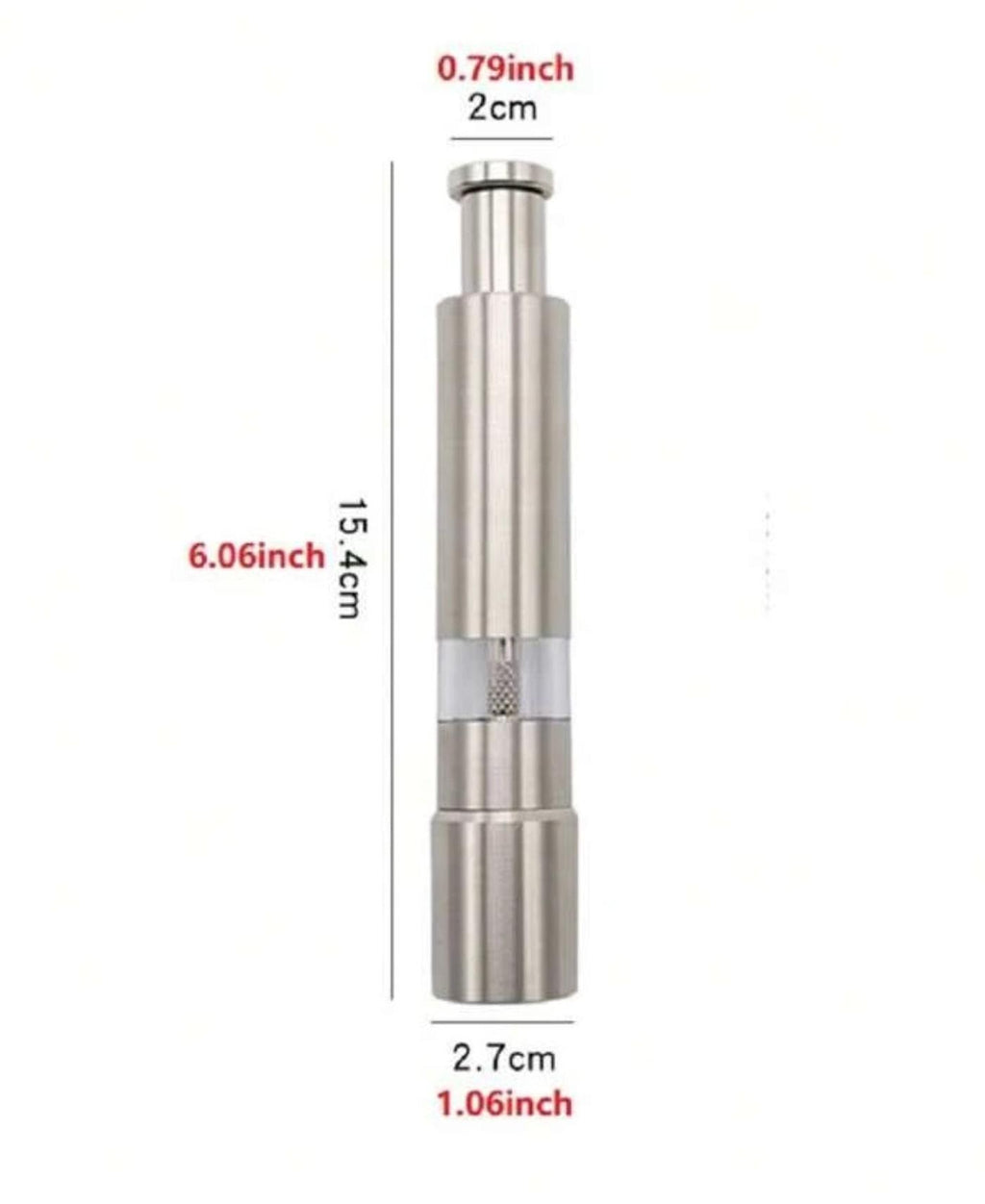 Stainless steel pepper grinder with dimensions labeled on a white background