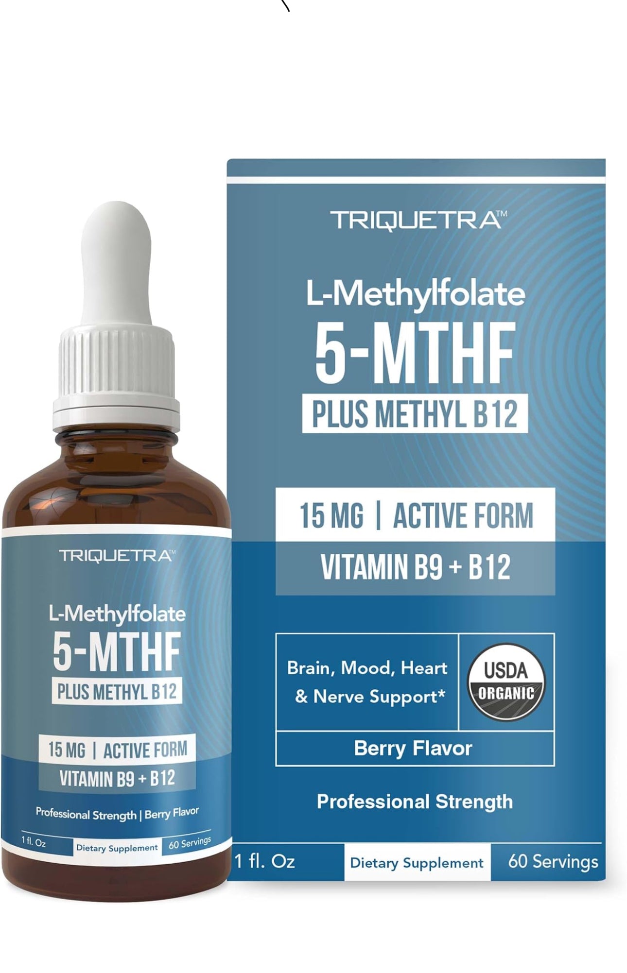 Triquetra L-Methylfolate 5-MTHF plus Methyl B12 dietary supplement bottle and packaging on a white background.