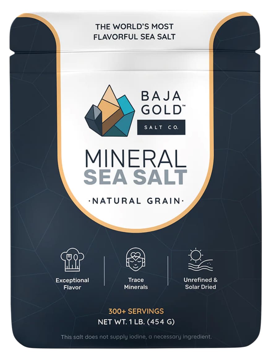 Baja Gold Mineral Sea Salt packaging with blue and white design