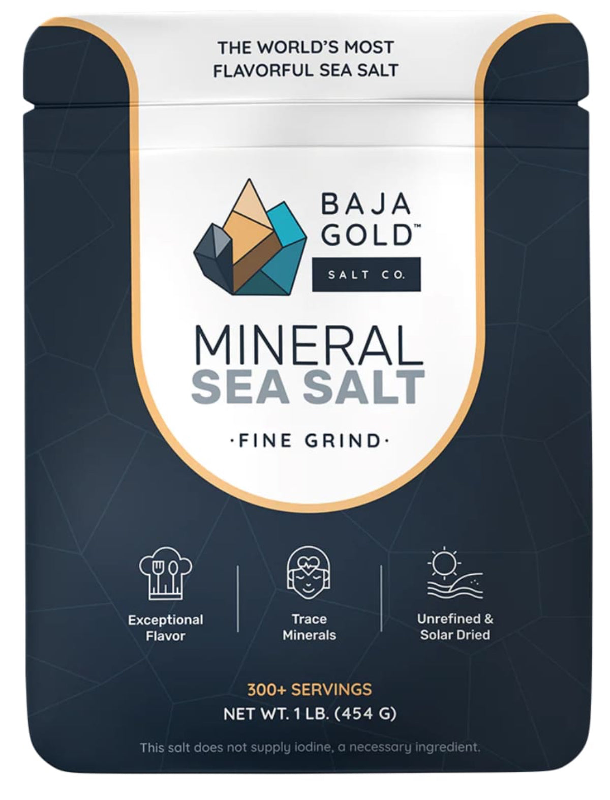 Baja Gold Mineral Sea Salt packaging with branding and product details.