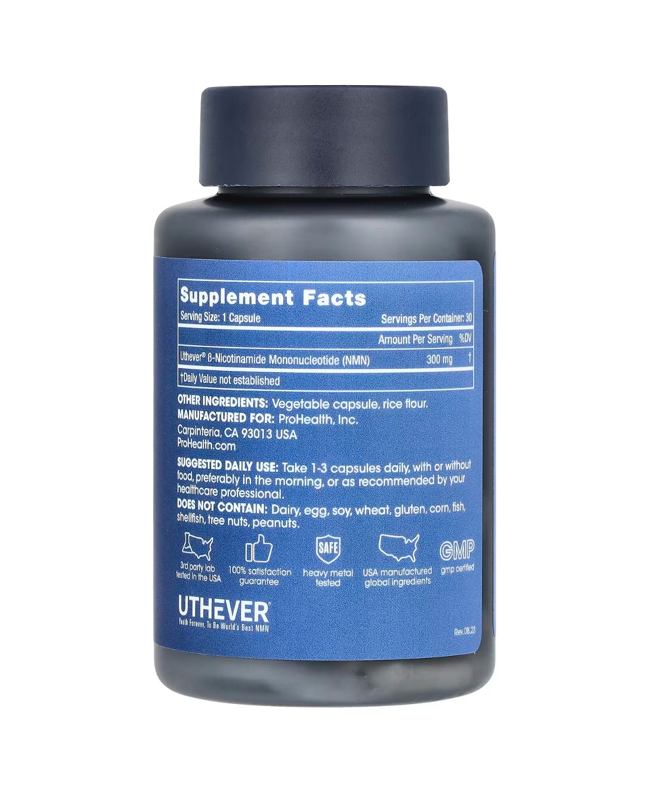 Supplement bottle with blue label on a white background