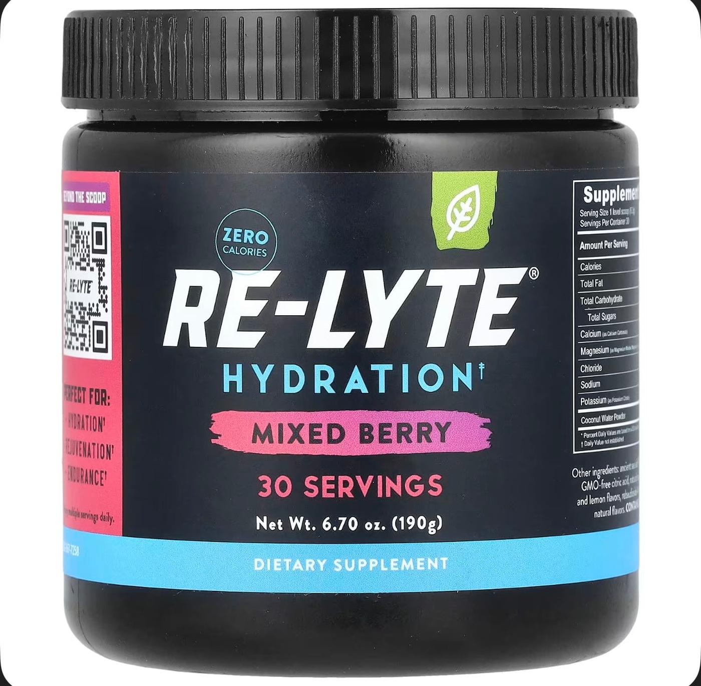 Black container of RE-LYTE Hydration Mixed Berry flavor on a white background