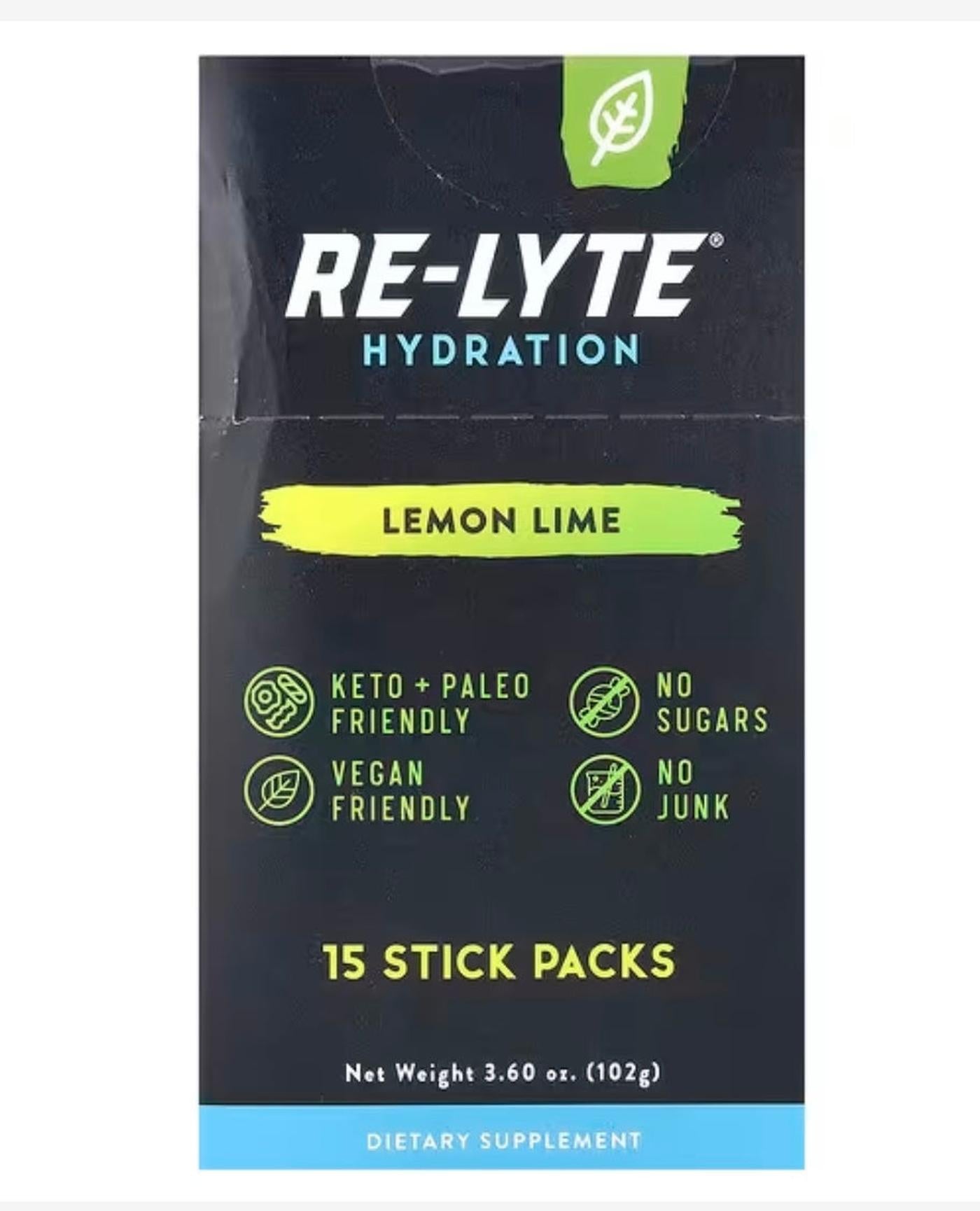 RE-LYTE Hydration Lemon Lime stick packs packaging on a white background