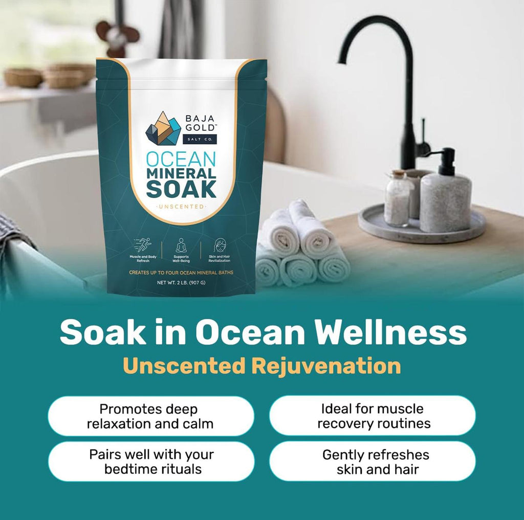 Ocean Mineral Soak package with text about ocean wellness benefits in a bathroom setting