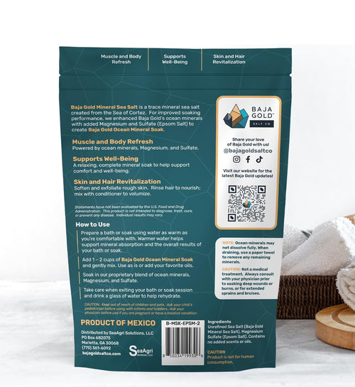 Back of a Baja Gold Mineral Sea Salt packaging with text and QR code on a white background