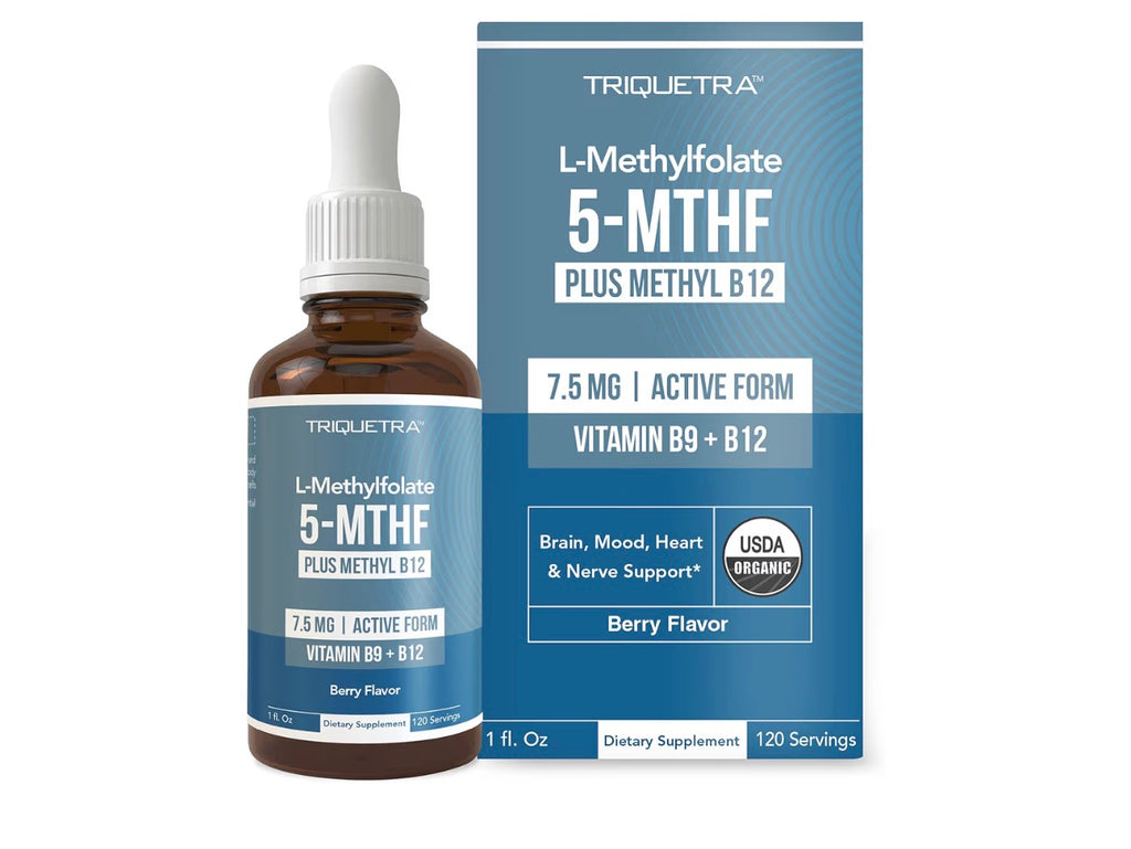 Triquetra L-Methylfolate 5-MTHF plus Methyl B12 dietary supplement bottle and packaging on a white background