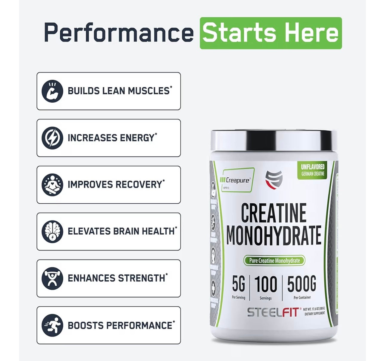 SteelFit USA  (Creapure®) 500 g – Unflavoured, Vegan, Gluten Free