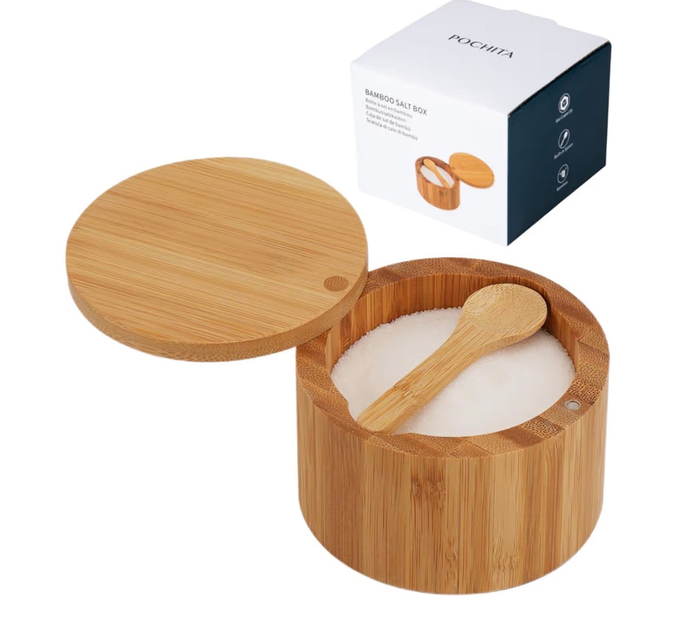 Salt Cellar Bamboo With Spoon And Magnetic Swivel Lid Perfect For Storing You Baja