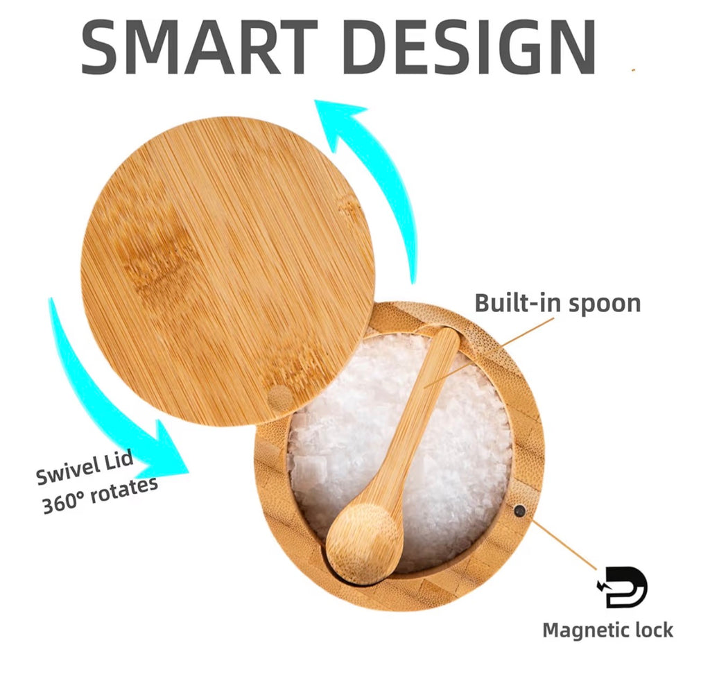 Salt Cellar Bamboo With Spoon And Magnetic Swivel Lid Perfect For Storing You Baja