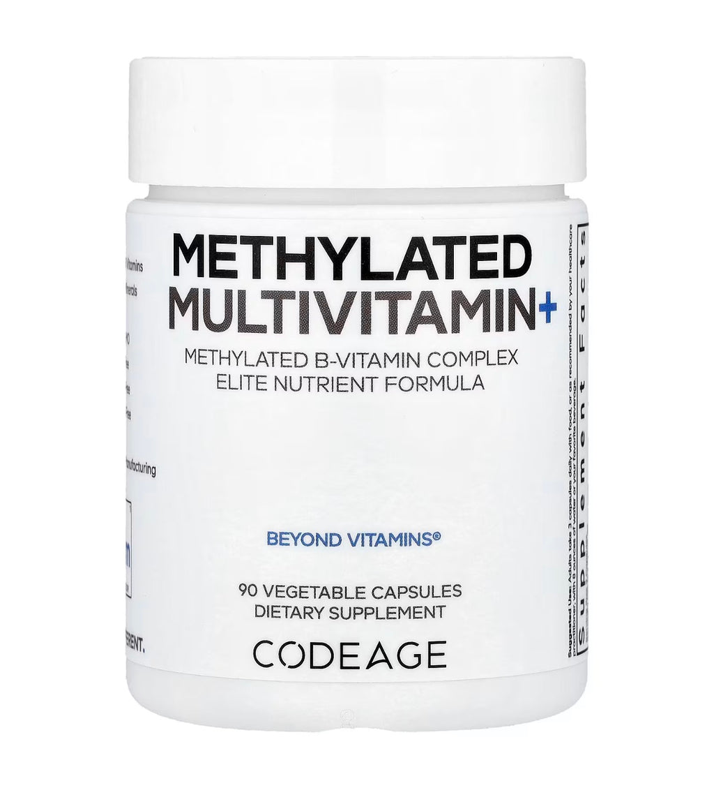 Supplement container labeled 'Methylated Multivitamin+' by Codeage on a white background
