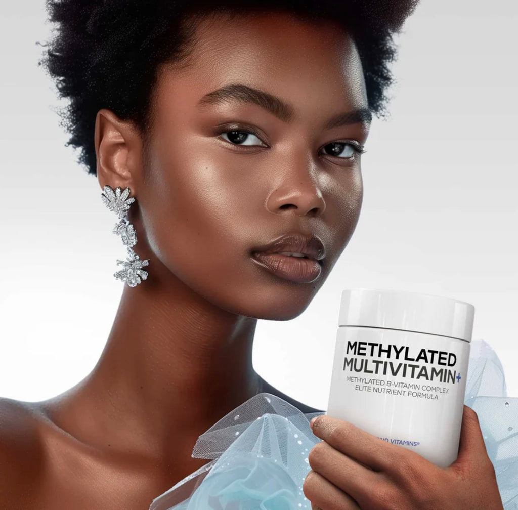 Woman holding a container of Methylated Multivitamin with a neutral background