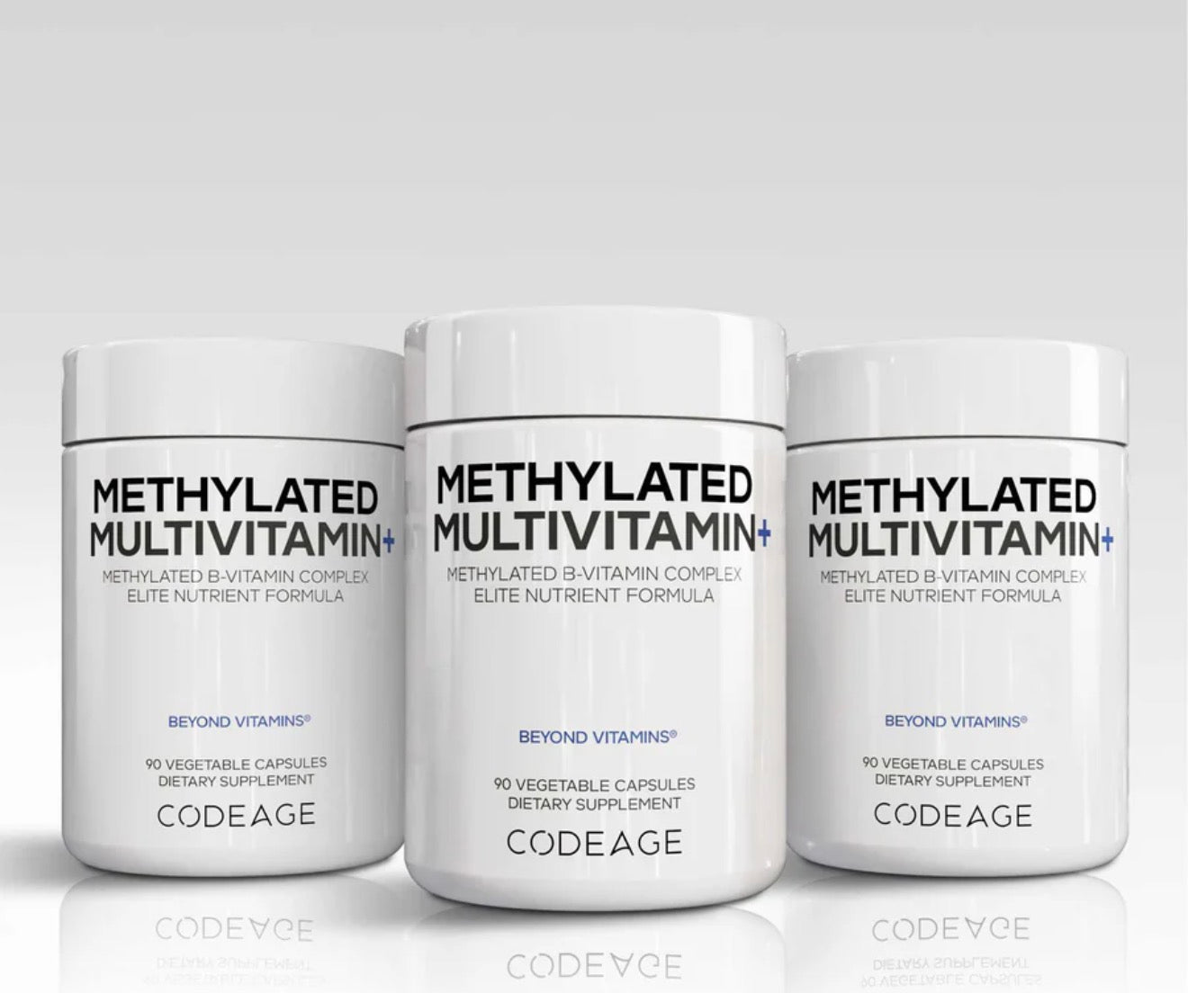 Three containers of Methylated Multivitamin by Codeage on a white background