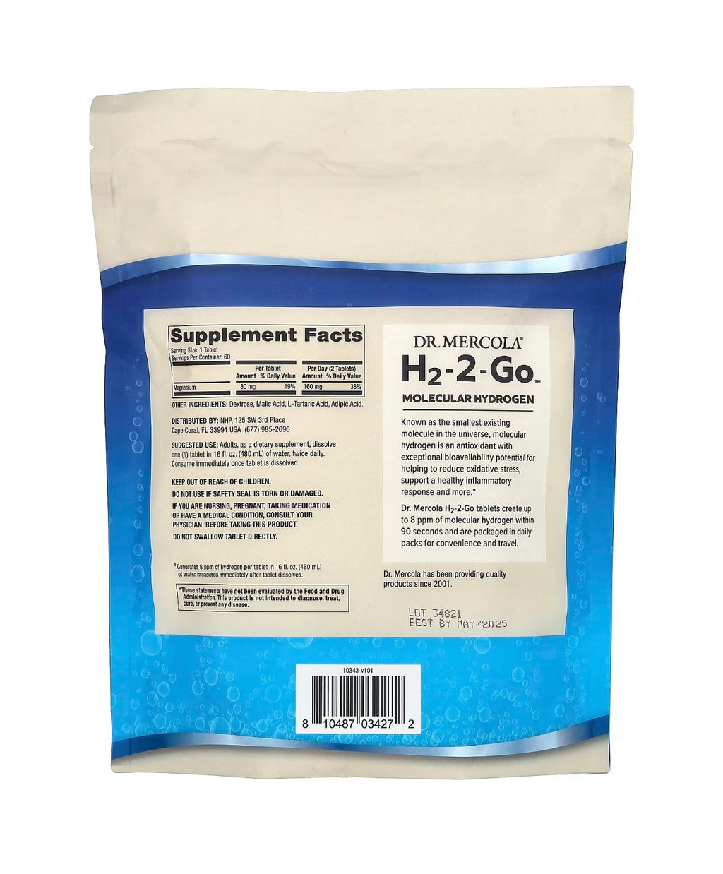 Dr. Mercola H2-2-Go supplement package with supplement facts label on a white background