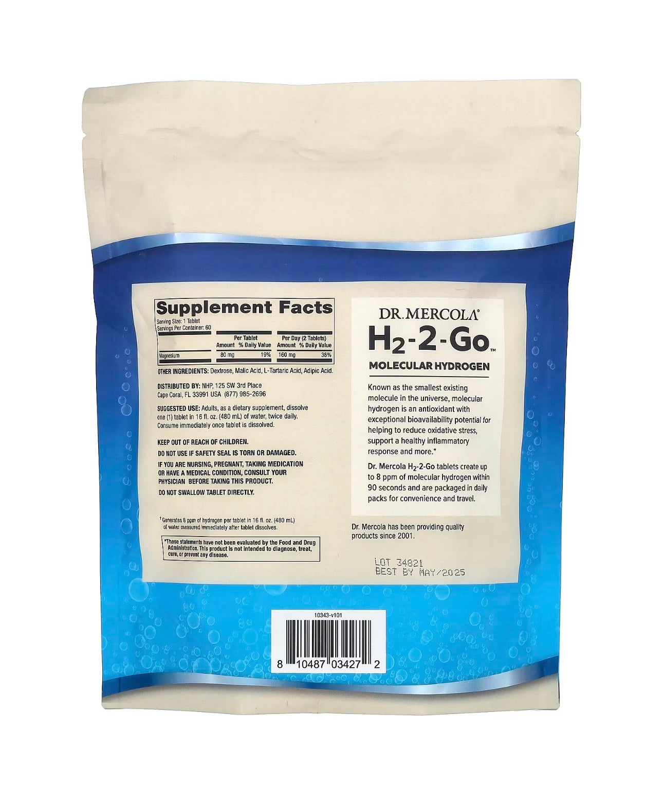 Dr. Mercola H2-2-Go supplement package with supplement facts label on a white background