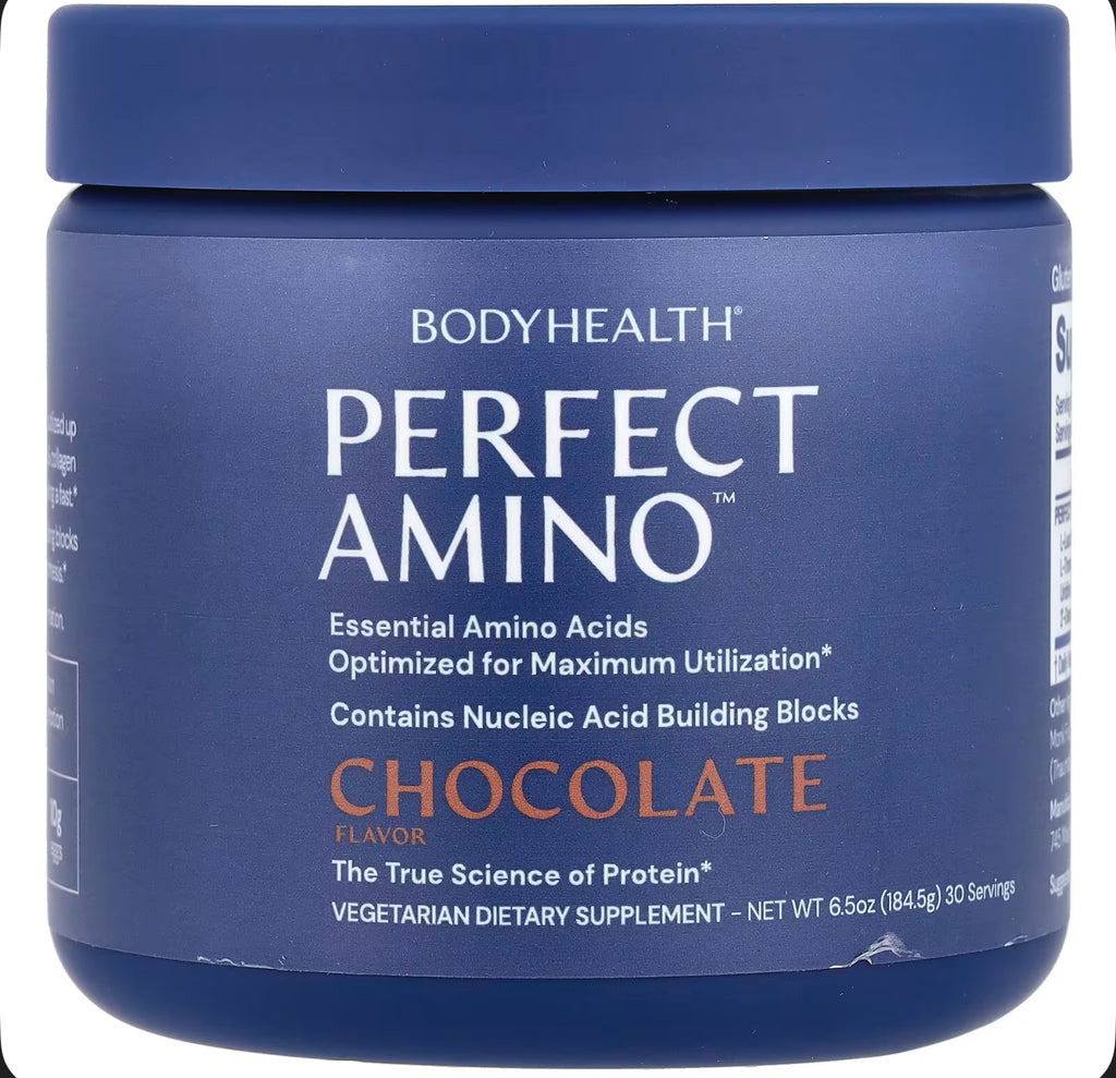 Blue container of BodyHealth Perfect Amino supplement with chocolate flavor on a white background