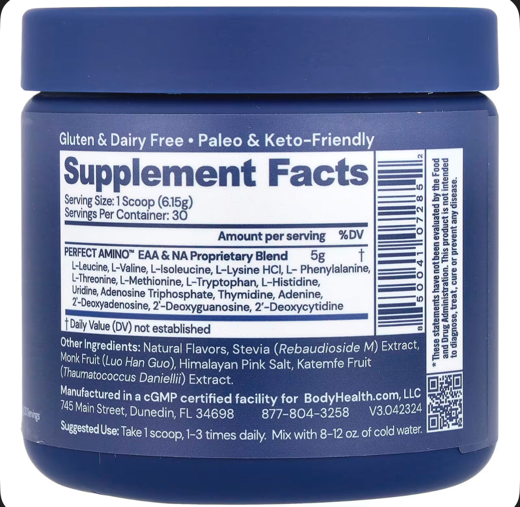 Blue supplement container with label showing 'Supplement Facts' and product details.