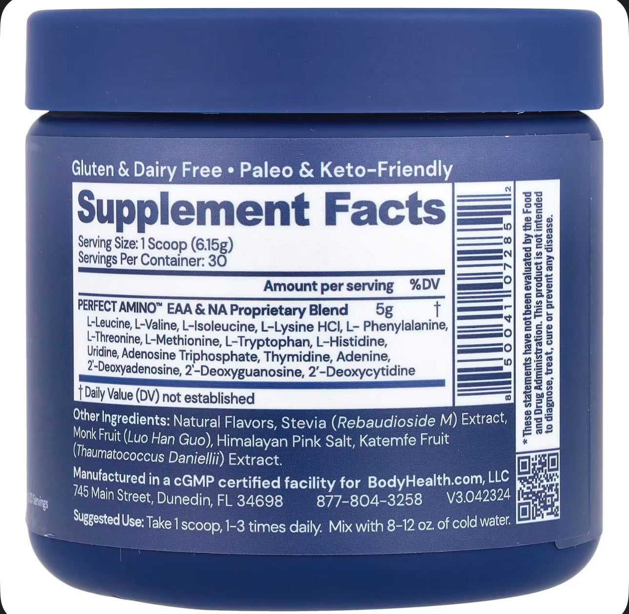Blue supplement container with label showing 'Supplement Facts' and product details.