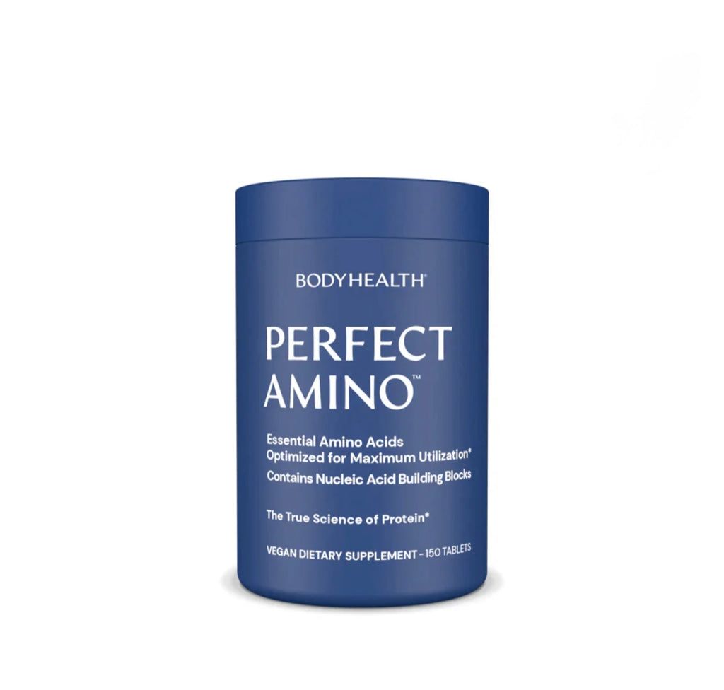 Blue container of BodyHealth Perfect Amino supplement on a white background