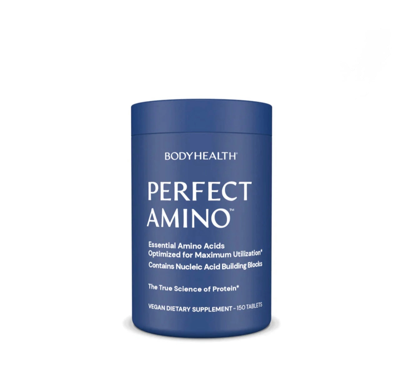 Blue container of BodyHealth Perfect Amino supplement on a white background