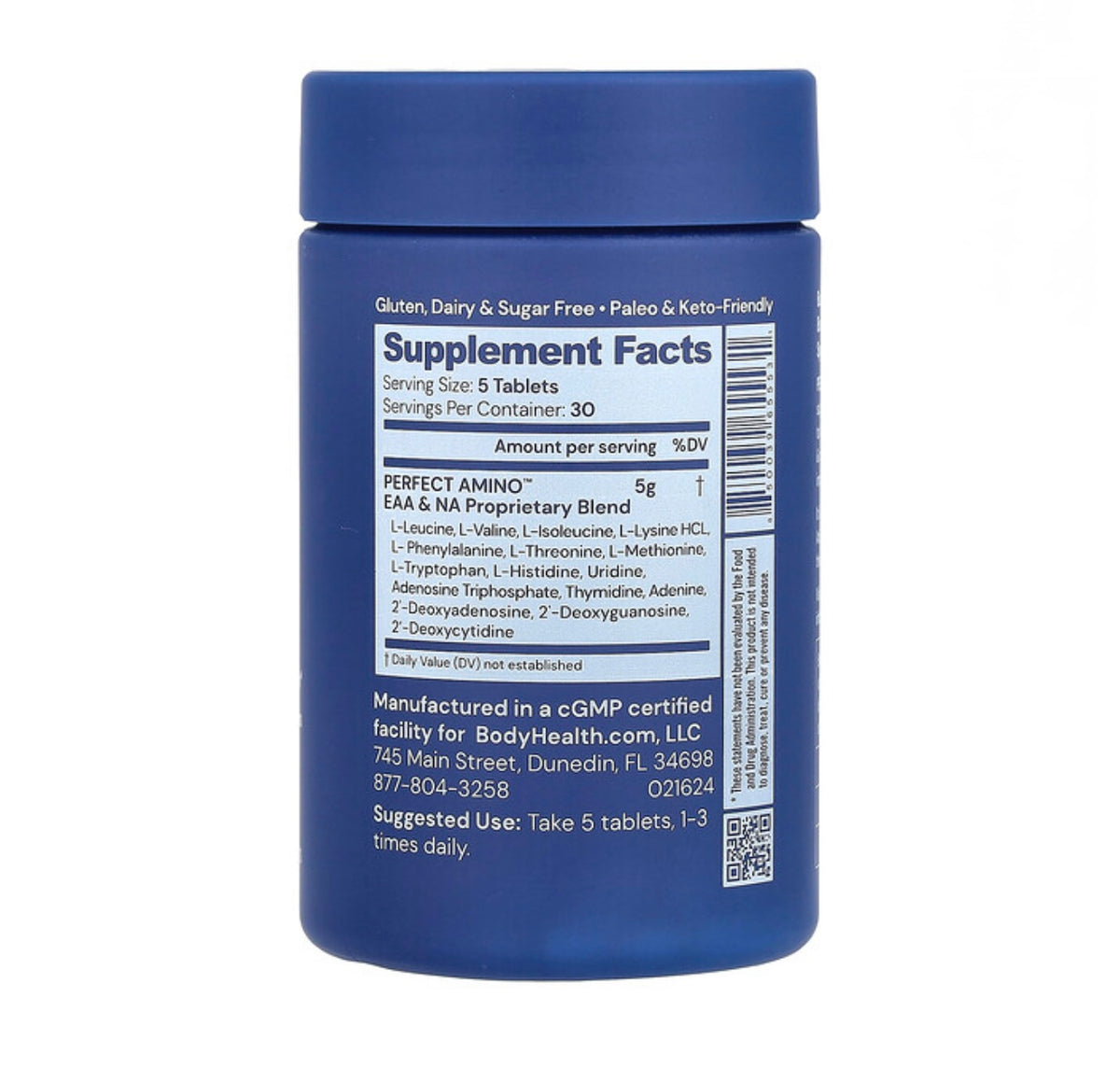 Blue supplement bottle with label on a white background