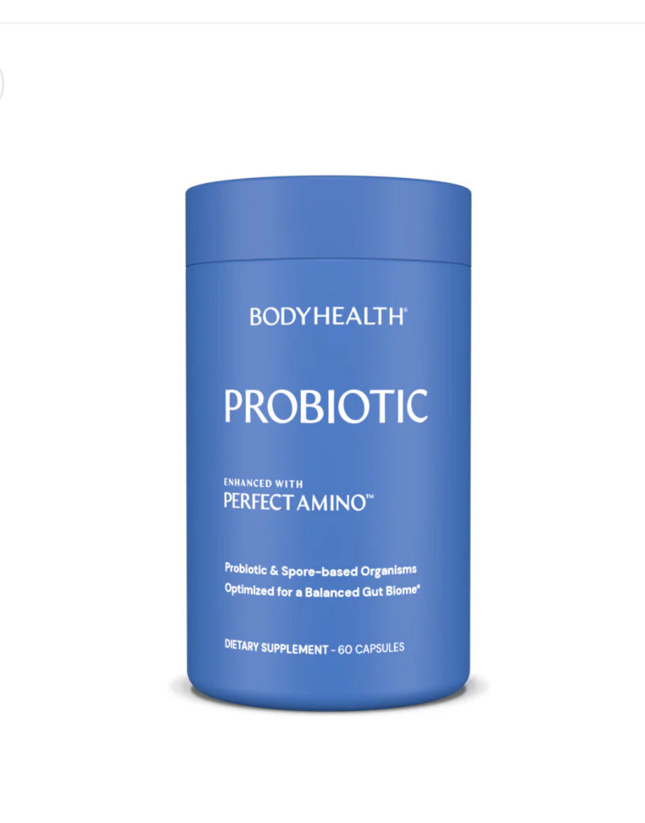 Blue supplement container labeled 'Body Health Probiotic' on a white background