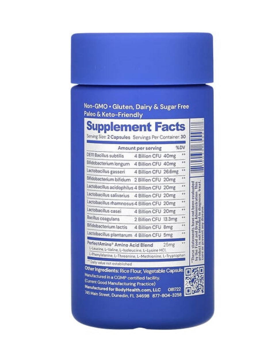 Blue supplement bottle with label on a white background